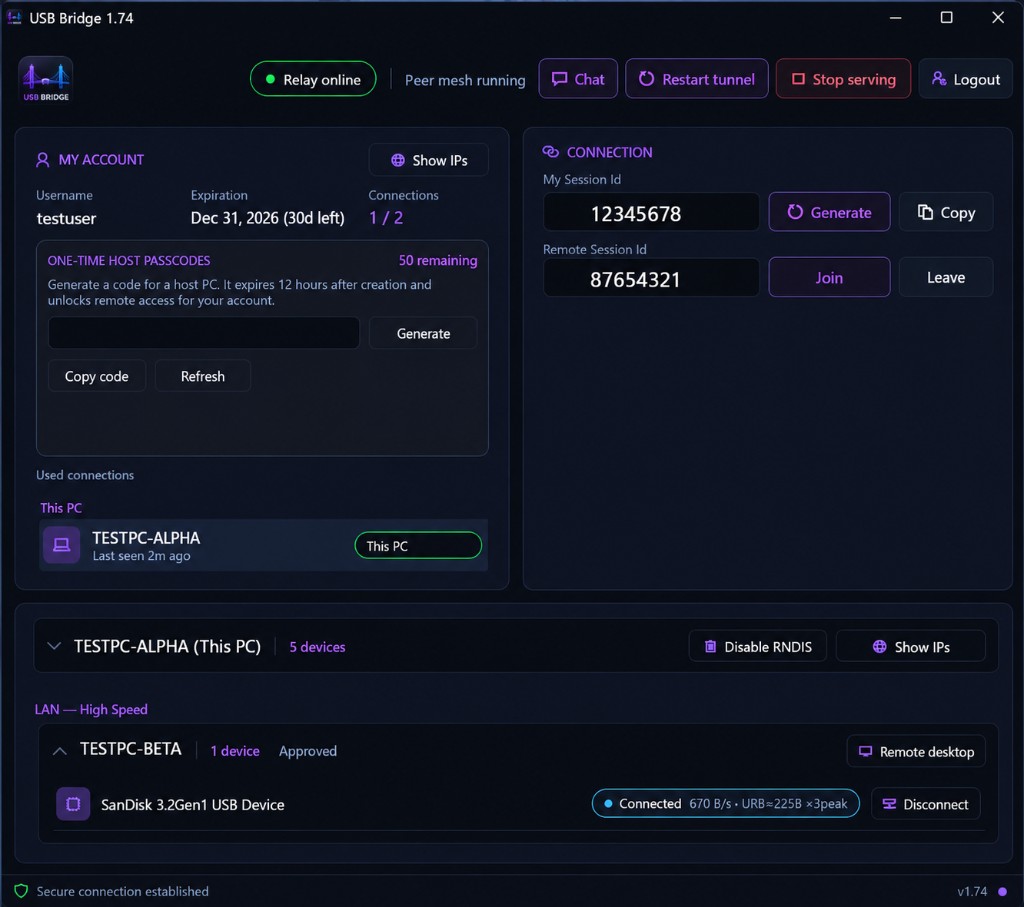 USB Bridge 1.74 desktop app — account, connection sessions, and USB device management